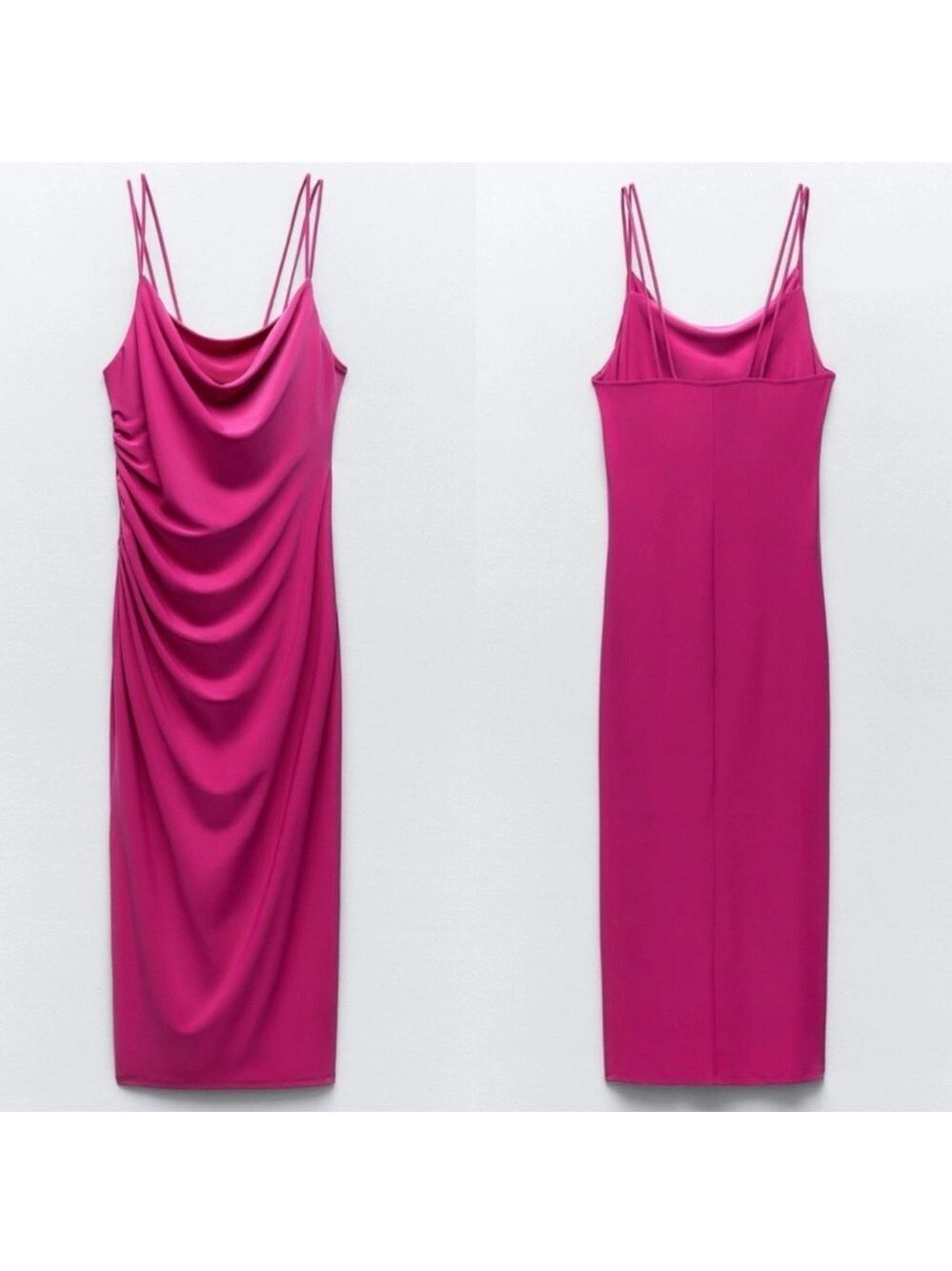 Zara fuchsia hot pink draped gathered cowl neck spaghetti strap midi dress NWOT